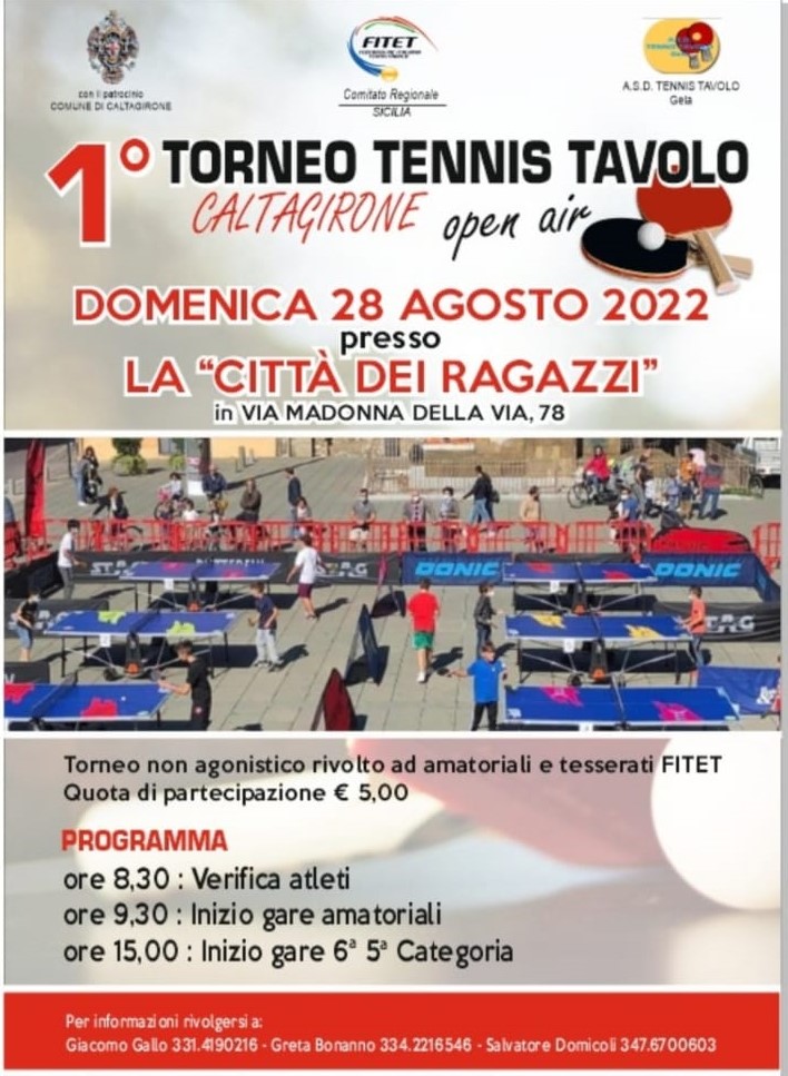 Domenica 28 agosto alla “Città dei Ragazzi” il primo torneo di tennistavolo “Caltagirone Open Air”