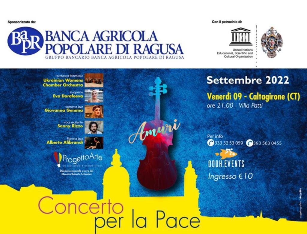 Venerdì 9 settembre, a Villa Patti “Concerto per la Pace”